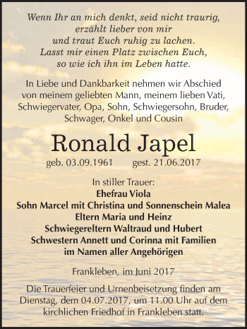 Traueranzeige von Ronald Japel von WVG - Wochenspiegel Merseburg