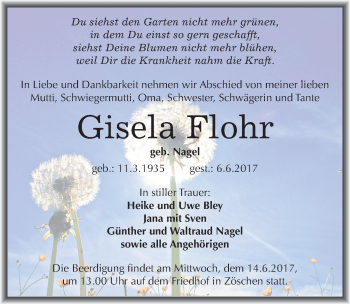 Traueranzeige von Gisela Flohr von Mitteldeutsche Zeitung Merseburg/Querfurt