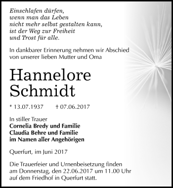 Traueranzeige von Hannelore Schmidt von Mitteldeutsche Zeitung Merseburg/Querfurt