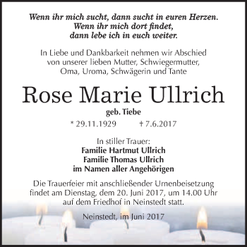 Traueranzeige von Rose Marie Ullrich von WVG - Wochenspiegel Quedlinburg