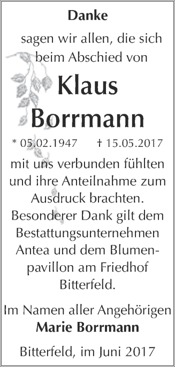Traueranzeige von Klaus Borrmann von WVG - Wochenspiegel Bitterfeld