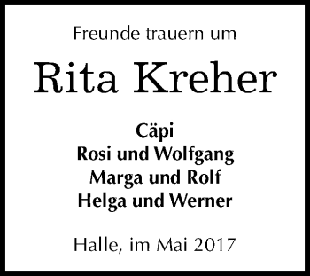 Traueranzeige von Rita Kreher von Mitteldeutsche Zeitung Halle/Saalkreis