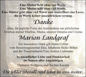 Traueranzeige von Marion Landgraf von WVG - Wochenspiegel Dessau / Köthen