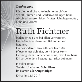 Traueranzeige von Ruth Fichtner von WVG - Wochenspiegel Bitterfeld
