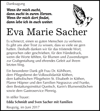 Traueranzeige von Eva Marie Sacher von WVG - Wochenspiegel Dessau / Köthen