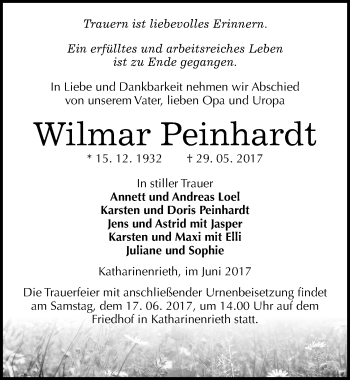 Traueranzeige von Wilmar Peinhardt von Mitteldeutsche Zeitung Sangerhausen