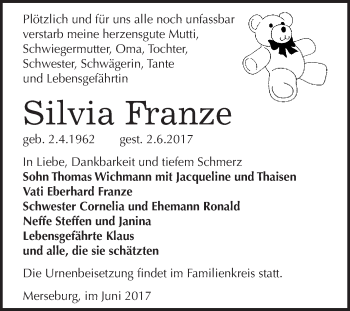 Traueranzeige von Silvia Franze von WVG - Wochenspiegel Merseburg