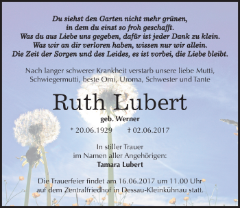 Traueranzeige von Ruth Lubert von Mitteldeutsche Zeitung Dessau-Roßlau