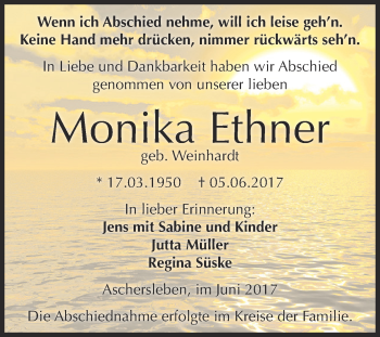 Traueranzeige von Monika Ethner von Super Sonntag Aschersleben