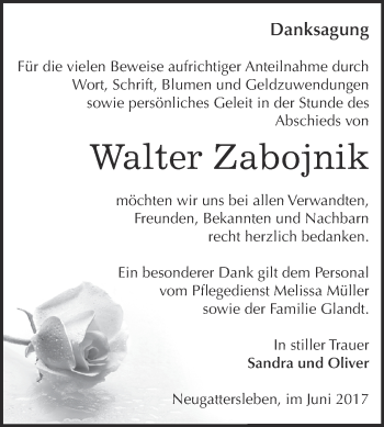 Traueranzeige von Walter Zabojnik von Super Sonntag Bernburg