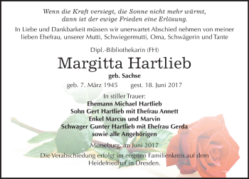 Traueranzeige von Margitta Hartlieb von Mitteldeutsche Zeitung Merseburg/Querfurt