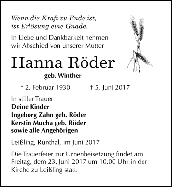 Traueranzeige von Hanna Röder von Mitteldeutsche Zeitung Weißenfels