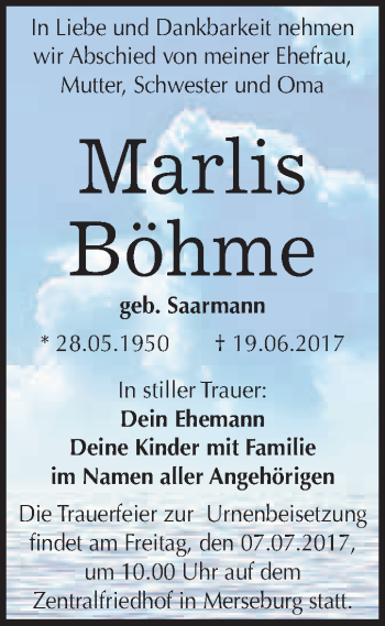 Traueranzeige von Marlis Böhme von WVG - Wochenspiegel Merseburg