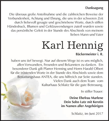 Traueranzeige von Karl Hennig von WVG - Wochenspiegel Bitterfeld