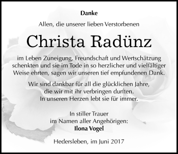 Traueranzeige von Christa Radünz von Mitteldeutsche Zeitung Quedlinburg