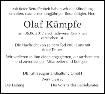 Traueranzeige von Olaf Kämpfe von WVG - Wochenspiegel Halle
