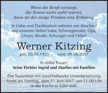 Traueranzeige von Werner Kitzing von Mitteldeutsche Zeitung Halle/Saalkreis