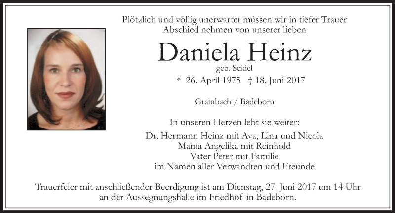  Traueranzeige für Daniela Heinz vom 23.06.2017 aus Mitteldeutsche Zeitung Quedlinburg