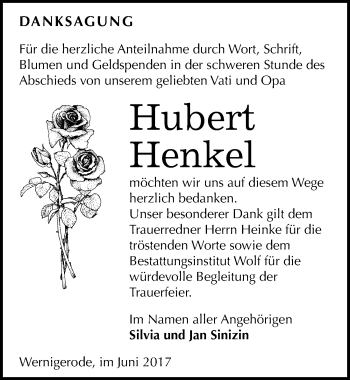 Traueranzeige von Hubert Henkel von Mitteldeutsche Zeitung Sangerhausen