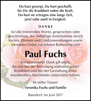 Traueranzeige von Paul Fuchs von WVG - Wochenspiegel Dessau / Köthen