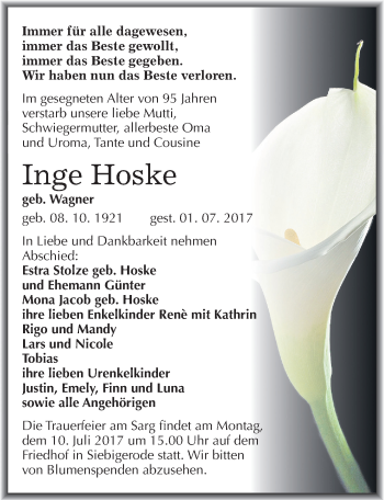 Traueranzeige von Inge Hoske von Mitteldeutsche Zeitung Mansfelder Land