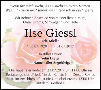 Traueranzeige von Ilse Giessl von WVG - Wochenspiegel Dessau / Köthen