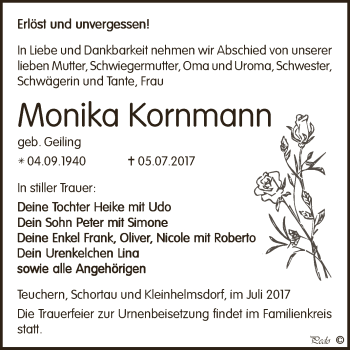 Traueranzeige von Monika Kornmann von WVG - Wochenspiegel NMB / WSF / ZTZ