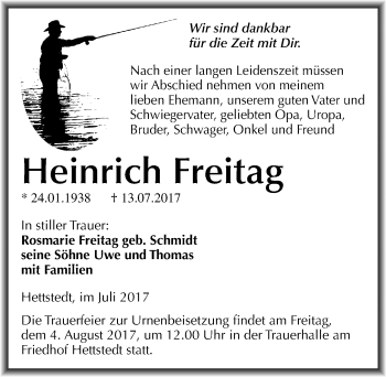 Traueranzeige von Heinrich Freitag von Mitteldeutsche Zeitung Mansfelder Land