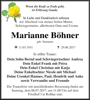 Traueranzeige von Marianne Böhner von WVG - Wochenspiegel Dessau / Köthen