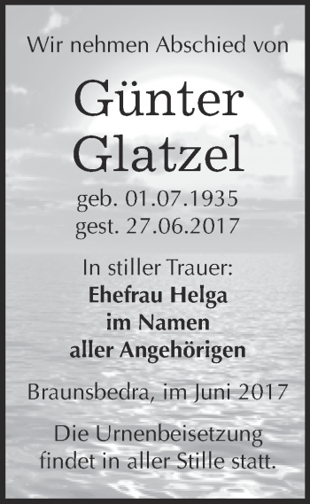 Traueranzeige von Günter Glatzel von WVG - Wochenspiegel Merseburg
