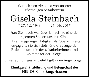 Traueranzeige von Gisela Steinbach von Mitteldeutsche Zeitung Sangerhausen