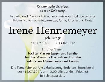 Traueranzeige von Irene Hennemeyer von WVG - Wochenspiegel Merseburg