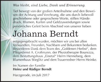 Traueranzeige von Johanna Berndt von Mitteldeutsche Zeitung Quedlinburg