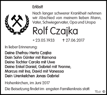 Traueranzeige von Rolf Czajka von Super Sonntag Zeitz