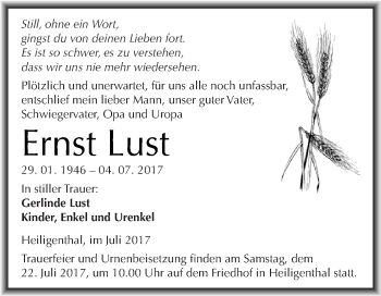 Traueranzeige von Ernst Lust von Wochenspiegel Mansfelder Land