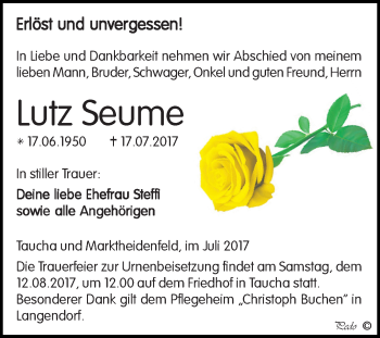 Traueranzeige von Lutz Seume von WVG - Wochenspiegel NMB / WSF / ZTZ