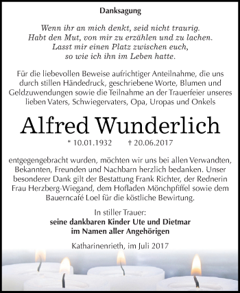 Traueranzeige von Alfred Wunderlich von Super Sonntag SGH Mansf. Land