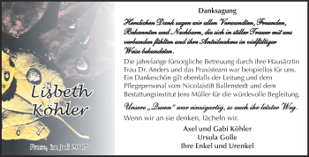 Traueranzeige von Lisbeth Köhler von Super Sonntag Aschersleben