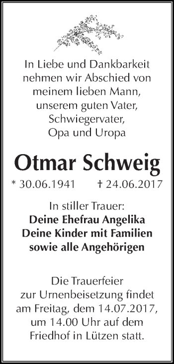 Traueranzeige von Otmar Schweig von Super Sonntag Merseburg