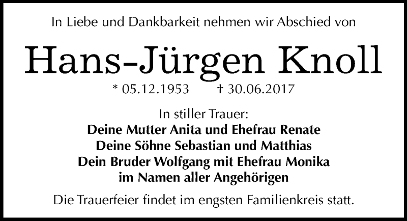  Traueranzeige für Hans-Jürgen Knoll vom 05.07.2017 aus Mitteldeutsche Zeitung Bitterfeld