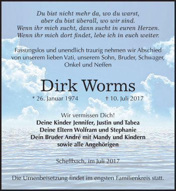 Traueranzeige von Dirk Worms von Mitteldeutsche Zeitung Zeitz
