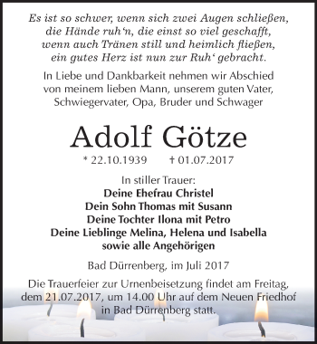 Traueranzeige von Adolf Götze von Mitteldeutsche Zeitung Merseburg/Querfurt
