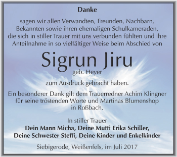 Traueranzeige von Sigrun Jiru von WVG - Wochenspiegel NMB / WSF / ZTZ