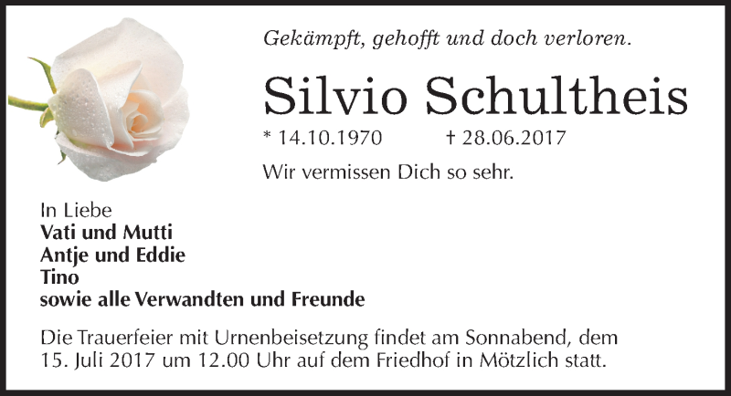  Traueranzeige für Silvio Schultheis vom 08.07.2017 aus Mitteldeutsche Zeitung Halle/Saalkreis