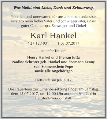 Traueranzeige von Karl Hankel von Super Sonntag SGH Mansf. Land