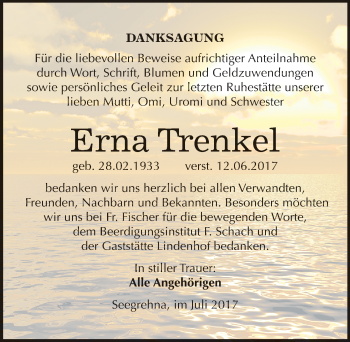 Traueranzeige von Erna Trenkel von Mitteldeutsche Zeitung Wittenberg