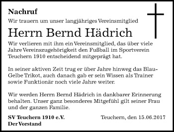 Traueranzeige von Bernd Hädrich von Mitteldeutsche Zeitung Weißenfels