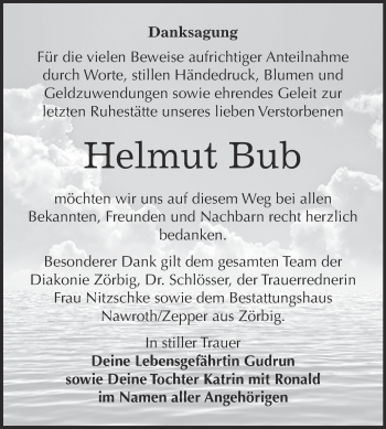 Traueranzeige von Helmut Bub von WVG - Wochenspiegel Bitterfeld