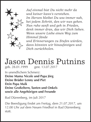 Traueranzeige von Jason Dennis Putnins von Super Sonntag Merseburg