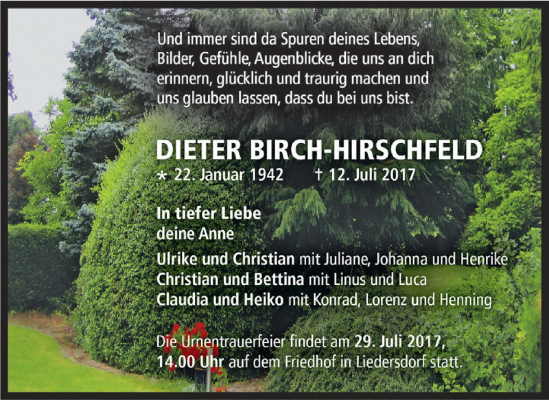  Traueranzeige für Dieter Birch-Hirschfeld vom 22.07.2017 aus Super Sonntag SGH Mansf. Land